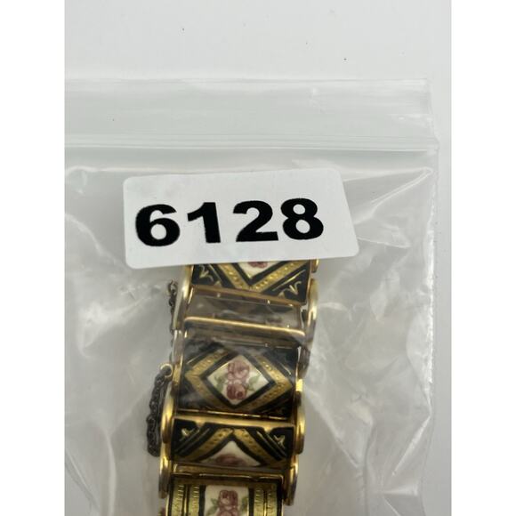 Vintage Damascene Link Bracelet Floral Pink Roses Black & Gold Tone Panels Chain - Picture 10 of 10